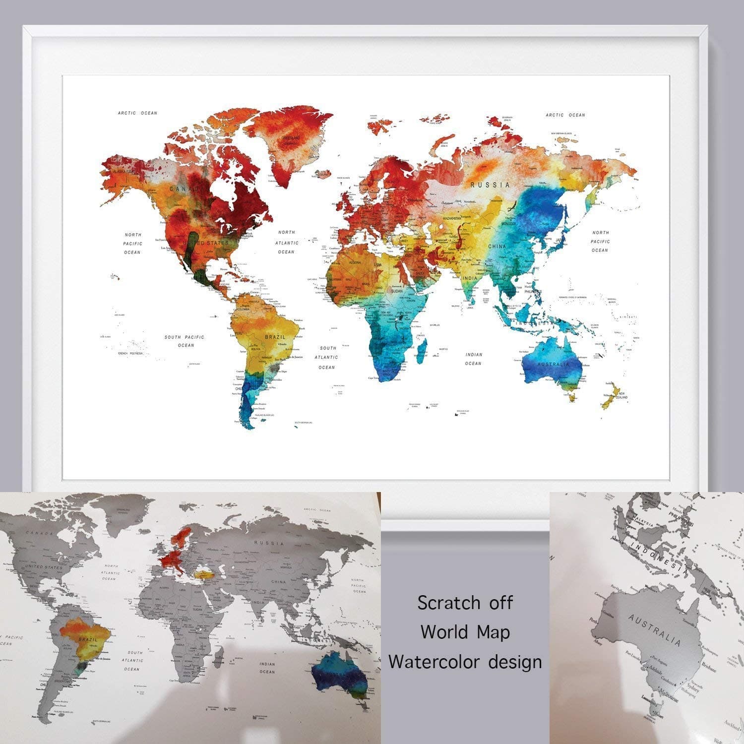 World Map Scratch Off Wall Art Poster, Watercolor World Map Travel Tracker Large, 60x80 cm Abstract World Map. Scratch map, Gift For Travelers Travel Map With Usa States And Countries