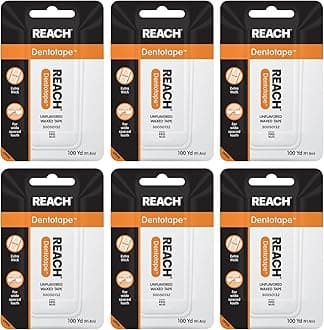 Reach Dentotape Waxed Dental Floss with Extra Wide Cleaning Surface for Large Spaces Between Teeth, Unflavored, 100 Yards, (Pack of 6)