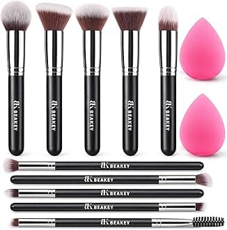 BEAKEY Makeup Brushes Set, Professional Foundation Eyeshadow Concealer Blush Powder Bronzer Applicator, 2 Blender Sponge with Beauty Paper Case