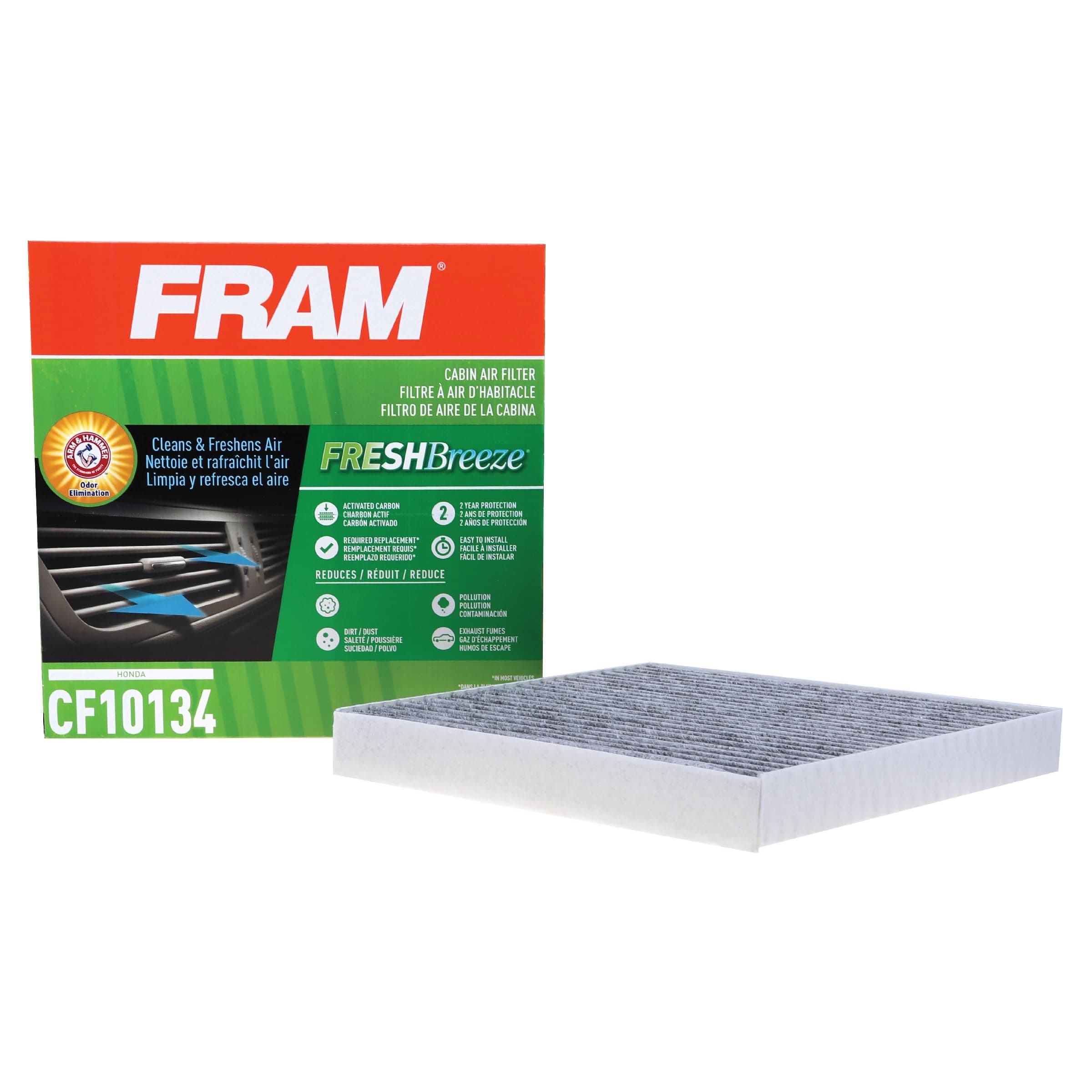 FRAM Fresh Breeze Cabin Air Filter Replacement for Car Passenger Compartment w/Arm and Hammer Baking Soda, Easy Install, CF10134 for Honda Vehicles