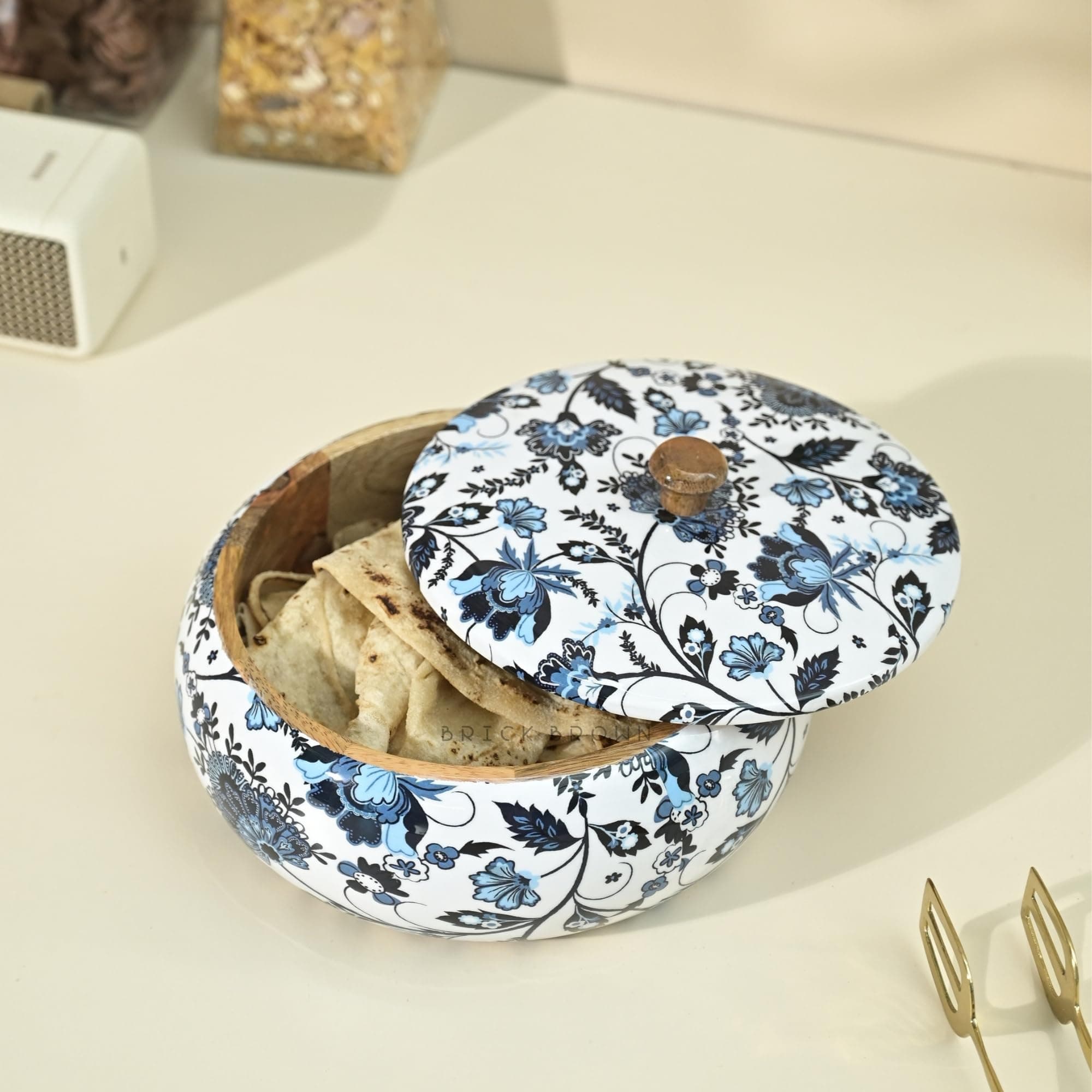 Brick Brown Premium Handcrafted Solid Wood Floral Print Roti Casserole for Kitchen | Round Hot Pot, Roti Dabba with Lid | Casserole for Dining, 8.8x8.8x4.3Inch (Medium, Blue)