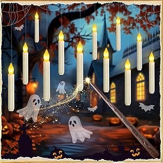 Homemory Floating Candle with Wand Remote, 12 Pcs Magical Candlesticks Witch Decors, Warm Yellow Flameless Taper Candles Battery Operated, LED Window Candle for Halloween Party Decor