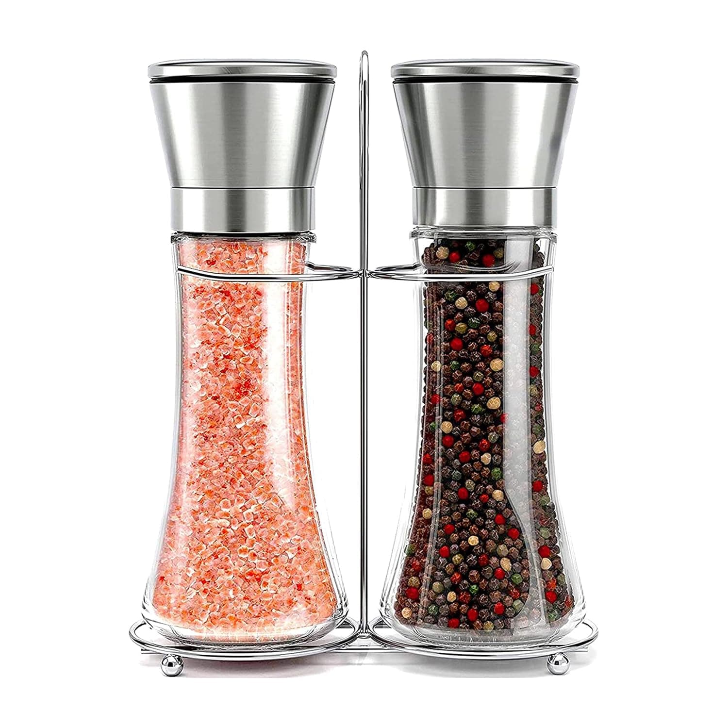 Salt & Pepper Grinder Set with Stand - Stainless Steel Manual Mills & Holder with Adjustable Coarseness, Refillable Design for Peppercorns & Rock Salt Sold Separately