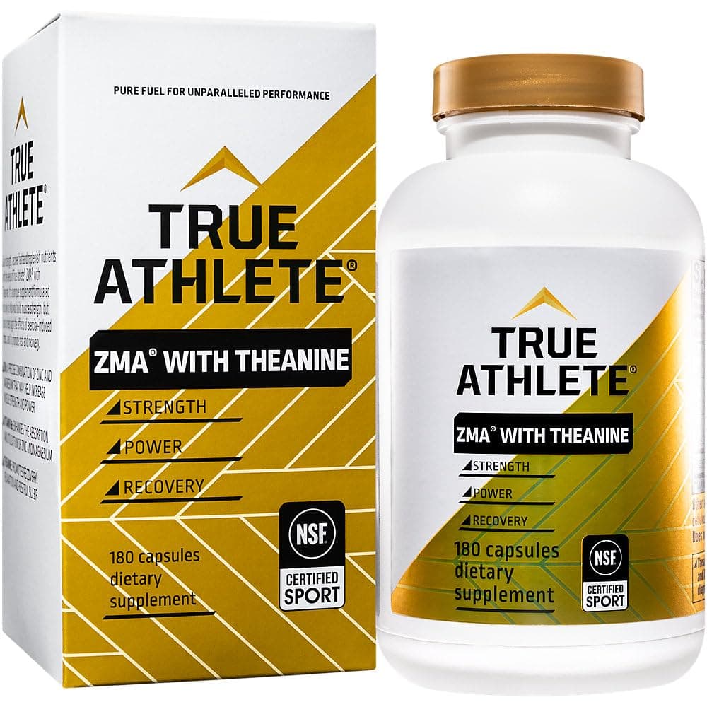 True Athlete ZMA + L Theanine Capsules, Zinc, Magnesium, and Vitamin B6 Supplement for Active Men and Women, Supports Recovery and Relaxation, Gluten Free, Sugar Free, 180 Capsules