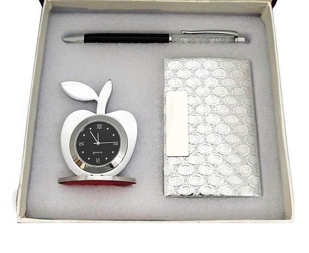 3-in-1 Gift Set with Apple Clock, Card Holder & Pen – Perfect Corporate Combo for Men, Women | Office, Desk & Personal Use