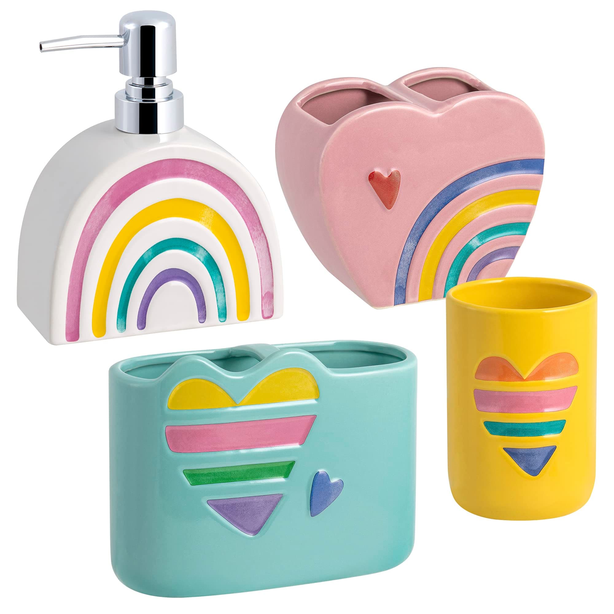 Allure Home Creation Rainbow Hearts 4-Piece Ceramic Bathoom Accessory Set