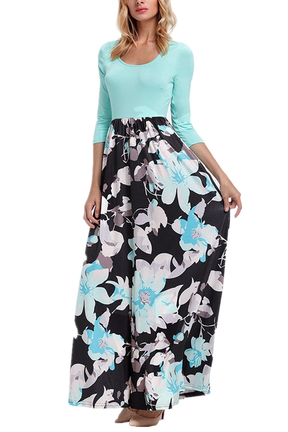 GRACE KALIN Women's 3/4 Sleeves Summer Boho Floral Printed High Waist Graceful Party Maxi Long Dress Beach Dress Vacation Dress (XX-Large, Teal)