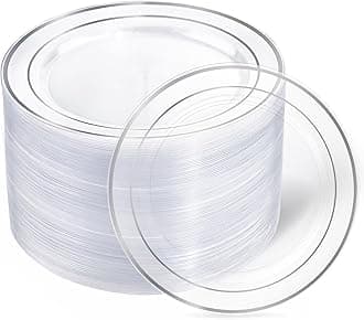 I00000 60PCS Clear and Silver Disposable Plates,Clear Plates with Silver Rim 7 Inch,Heavy Duty Plastic for Wedding Birthdays Party