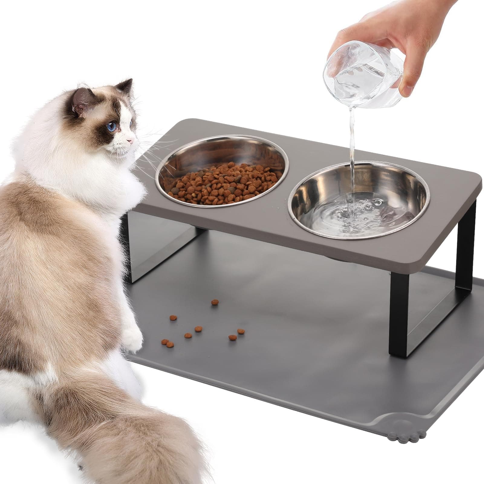Upgraded Elevated Cat Bowls with Food Mat,15°Tilted Stand Anti Vomiting Raised Cat Dishes for Food and Water,2 Stainless Steel Bowls for Cats and Puppy(Gray)