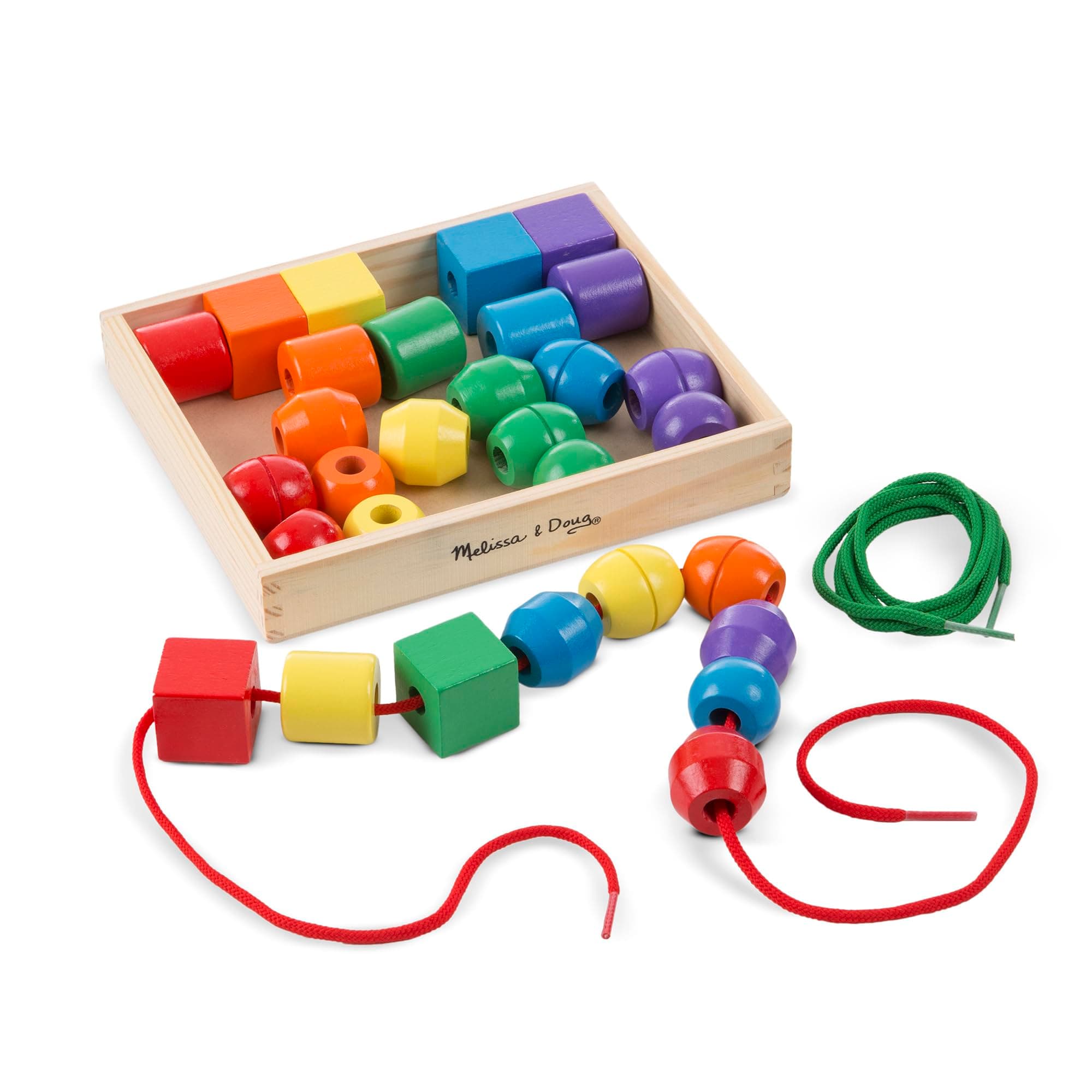 Melissa & Doug Primary Lacing Beads - Educational Toy with 30 Wooden Beads and 2 Laces for Toddlers, Fine Motor Skills Lacing Toys for Toddlers and Kids Ages 3+