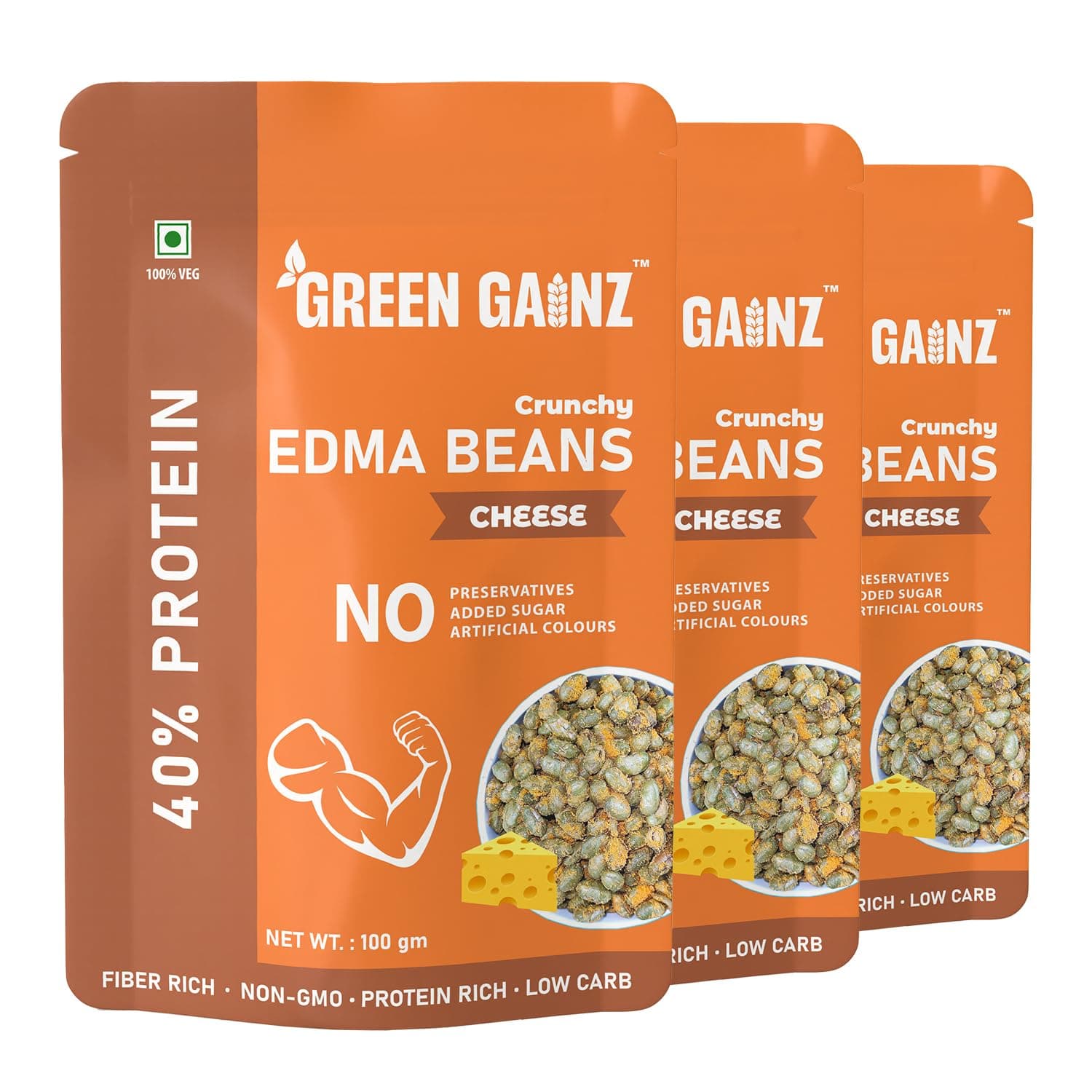 Green Gainz Roasted Edma Beans (Edamame) Cheese Flavour (pack of 3-100gm each) | 100% Veg High Protein Snack | No Added Sugar | Non-GMO | Rich in Fiber | No Gluten