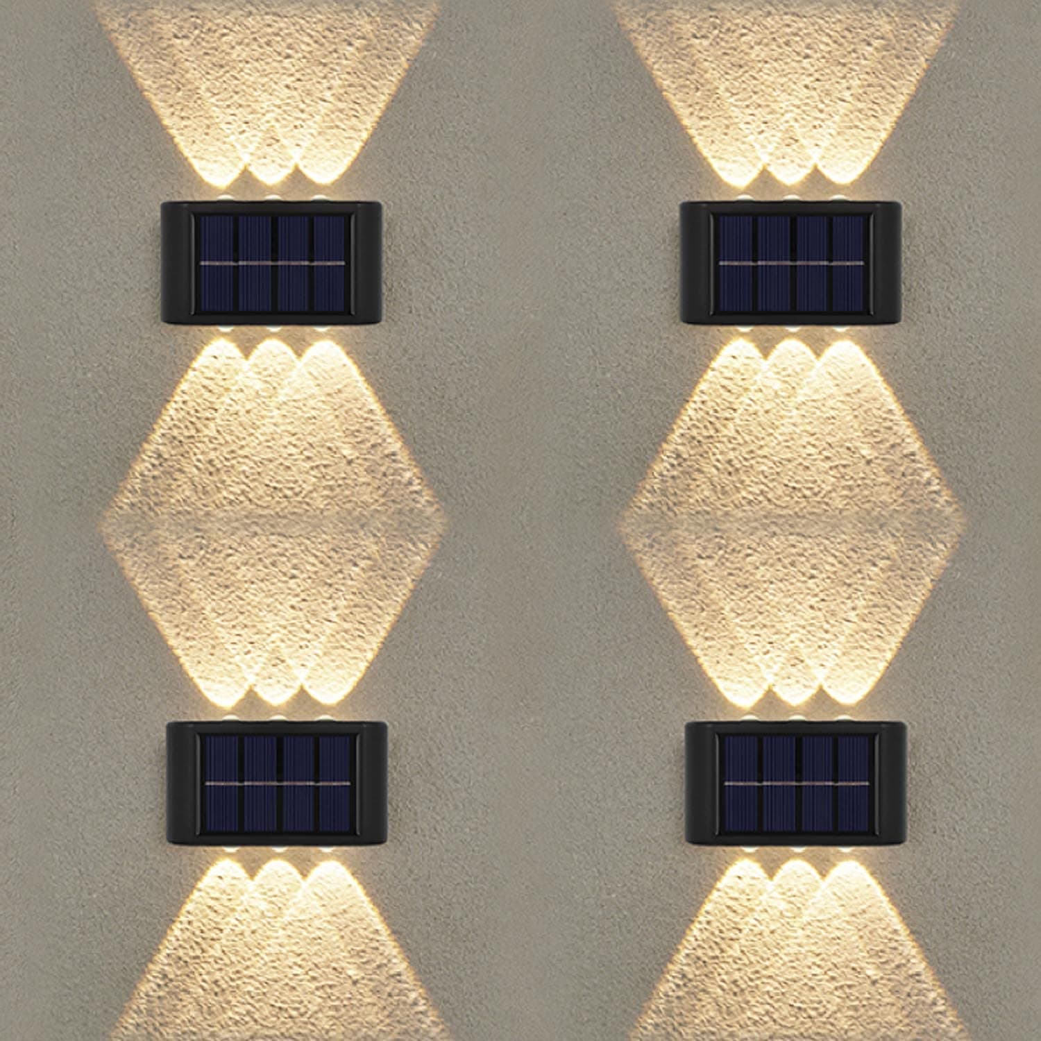 4 Pack Solar Wall Lights Outdoor, 6 LED Waterproof Solar Fence Lights Up and Down Wall Lamps for Garden Decoration, Fence, Yard, Front Door, Pathway (Warm White, 4 Pack)