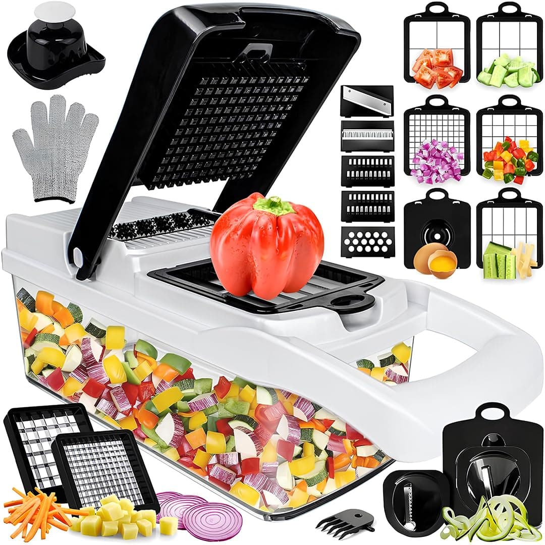 25 in 1 Vegetable Chopper 12 Blades Multifunction, Kitchen Veggie Cutter Food Chopper with Container Slicer Grater Spiralizer for Onion Potato Carrot Egg Cucumber Tomato Garlic