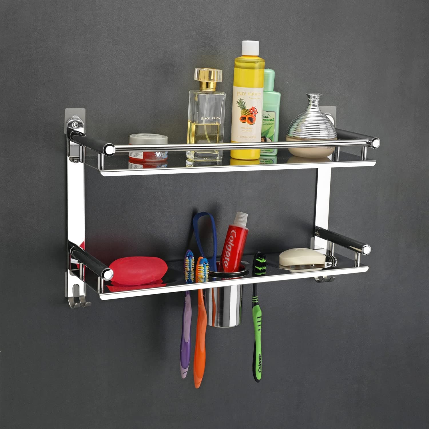 Oslen Stainless Steel 5 in 1 Multipurpose Use Shelf Organizer Bathroom Shelf and Rack with Double Soap Dish and Toothbrush Holder Soap Holder Bathroom Accessories