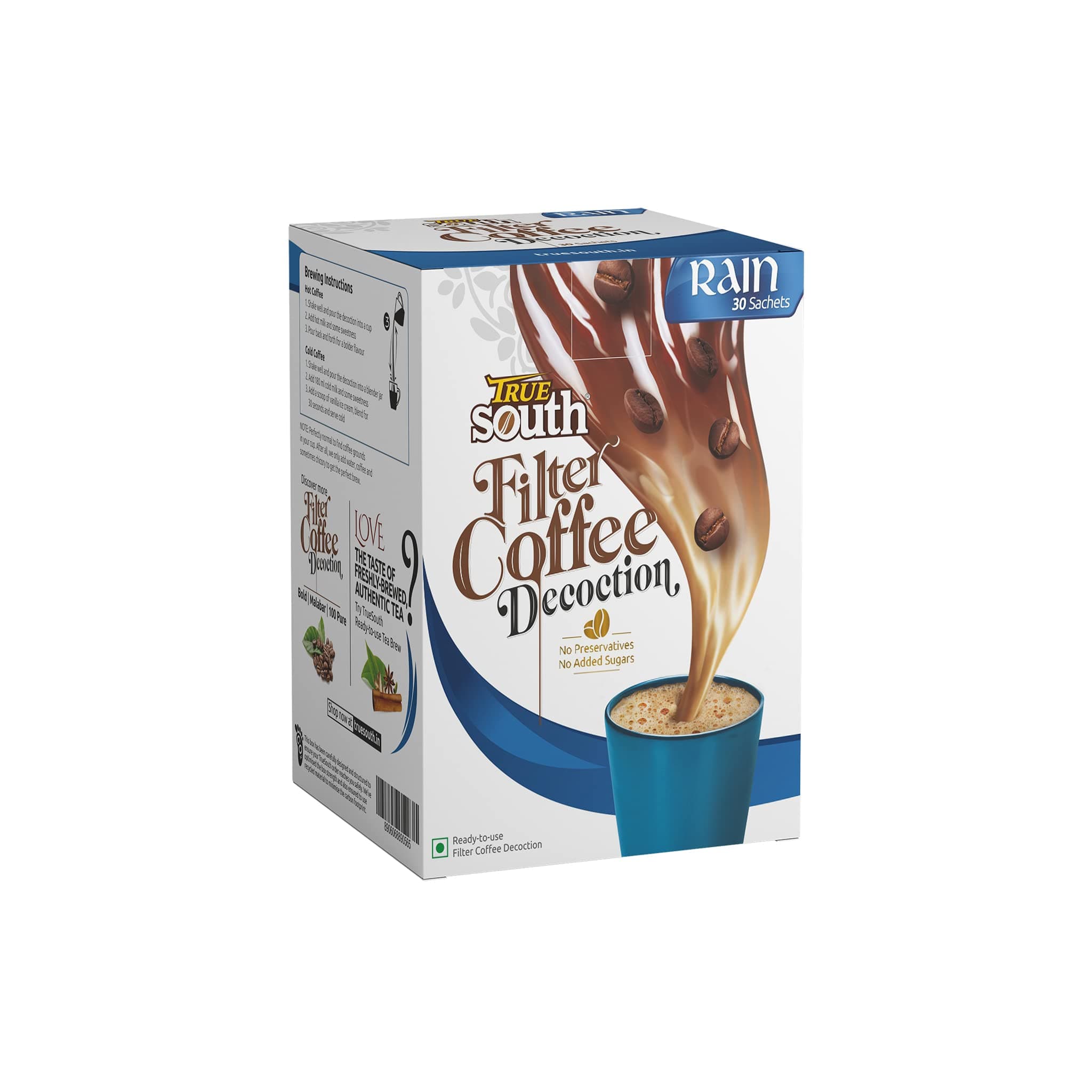 TrueSouth Rain | Ready-to-use Filter Coffee Decoction | 30 Single Serve sachets | Authentic Taste, Value and Convenience (Single Box)
