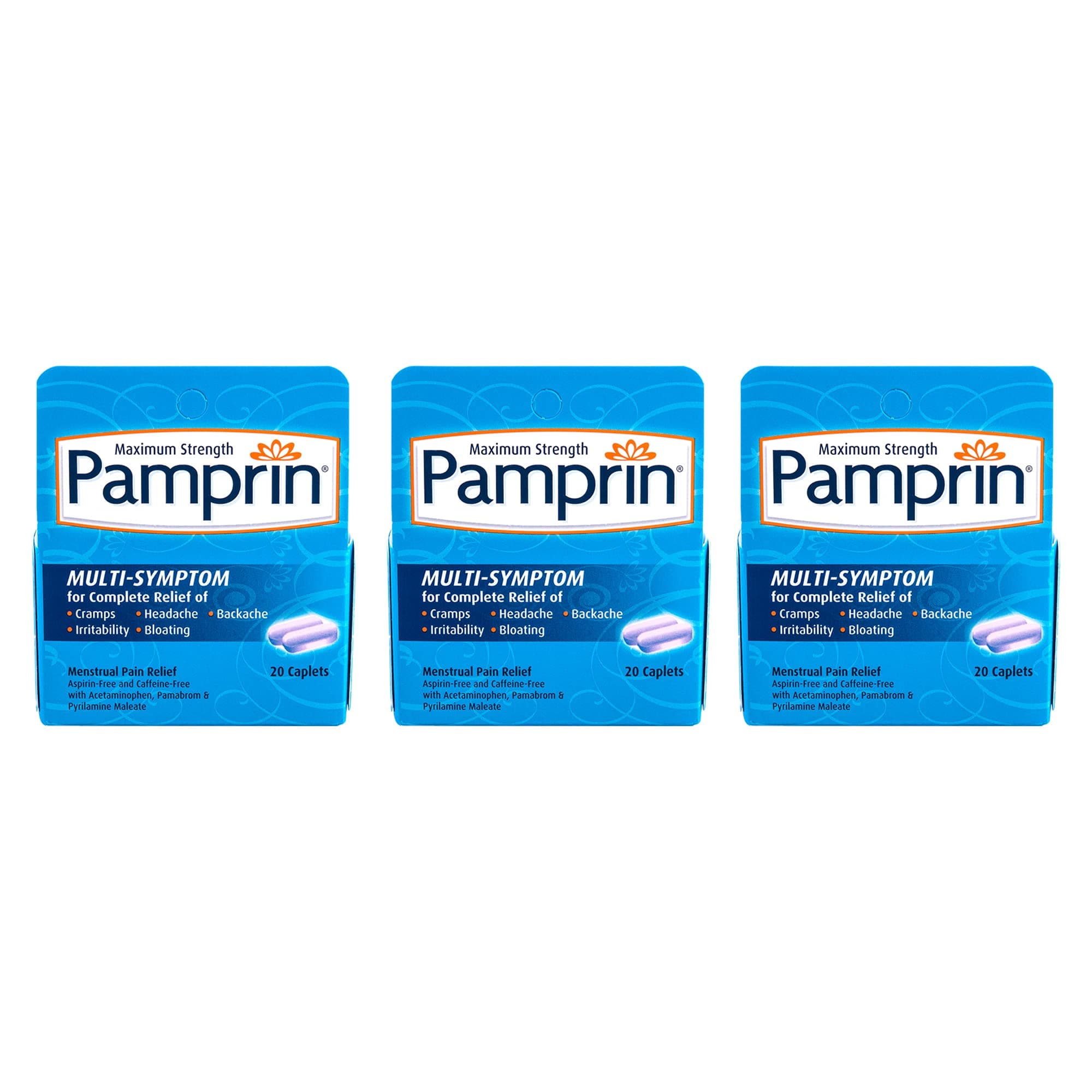 Pamprin Multi-Symptom Formula, with Acetaminophen, Menstrual Period Symptoms Relief including Cramps, Pain, Irritability and Bloating, 20 Caplets