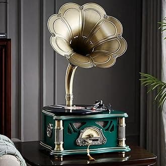 - Vintage Gramophone with Bluetooth Input Vintage Record Players Retro Gramophone Turntables for 7" 9" 12" Vinyl Records 3 Speed, Hi-Fi, Handcrafted by Pure Oak (Dark Green)