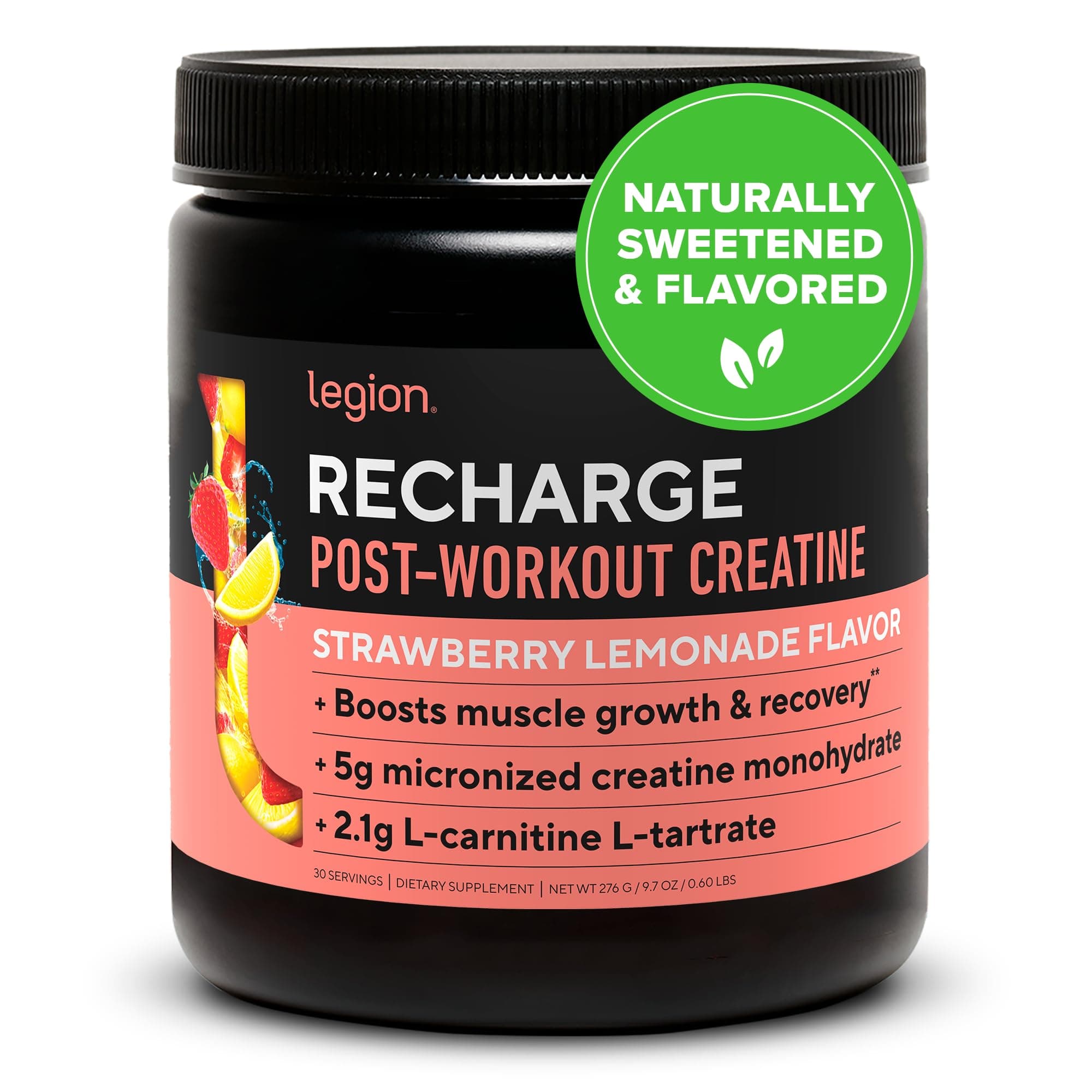 LEGION Recharge Post Workout Drink - Micronized Creatine Monohydrate Natural Post Workout Recovery Drink - Muscle Builder & Recovery Booster Post Workout Supplements (Strawberry Lemonade, 30 Servings)