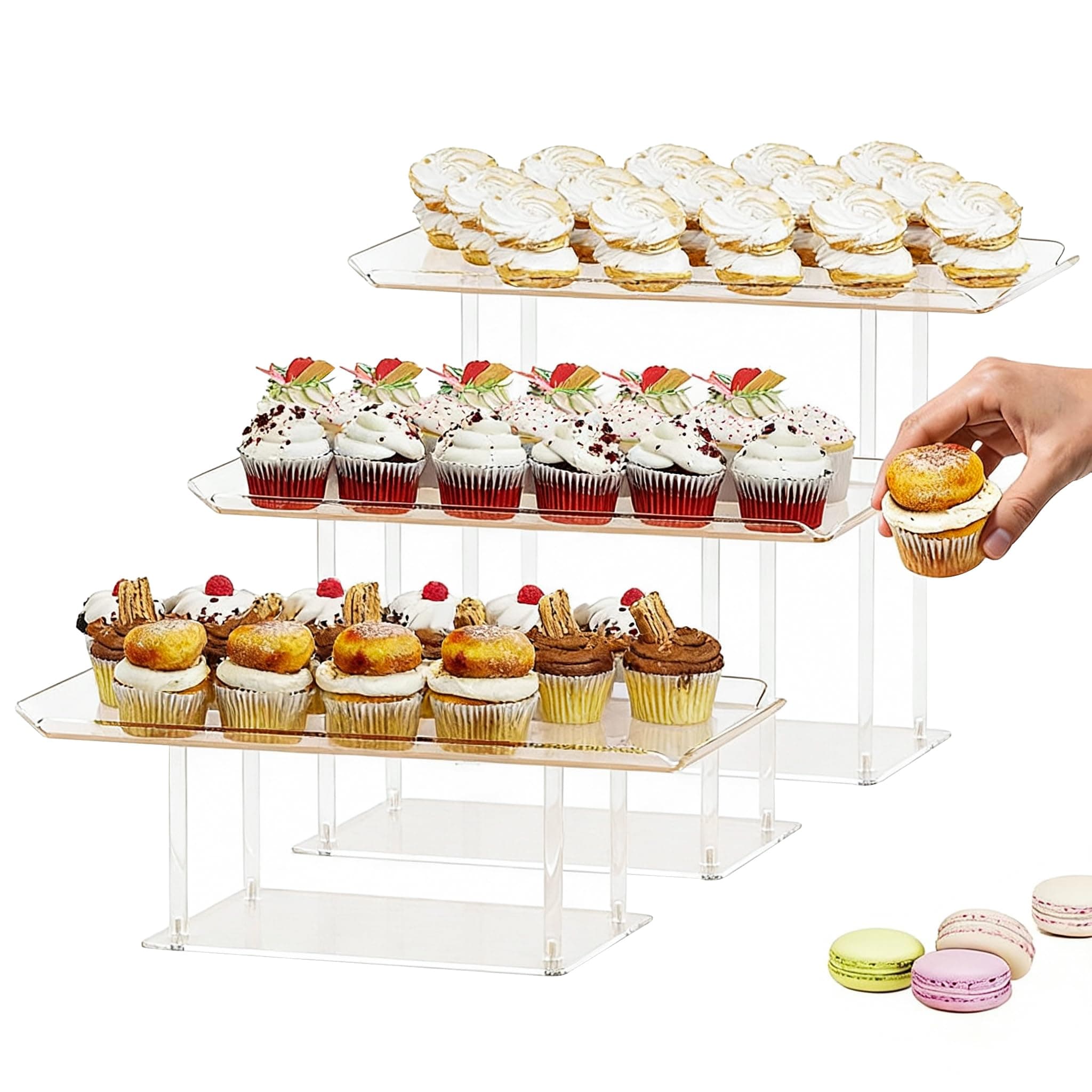 3 Pack Dessert Table Display Set, Clear Acrylic Desert Stands Buffet Risers for Cupcakes Dessert Pastry Food Treat Tier Cookie Dessert Platter Serving Trays Stand for Wedding Birthday Party
