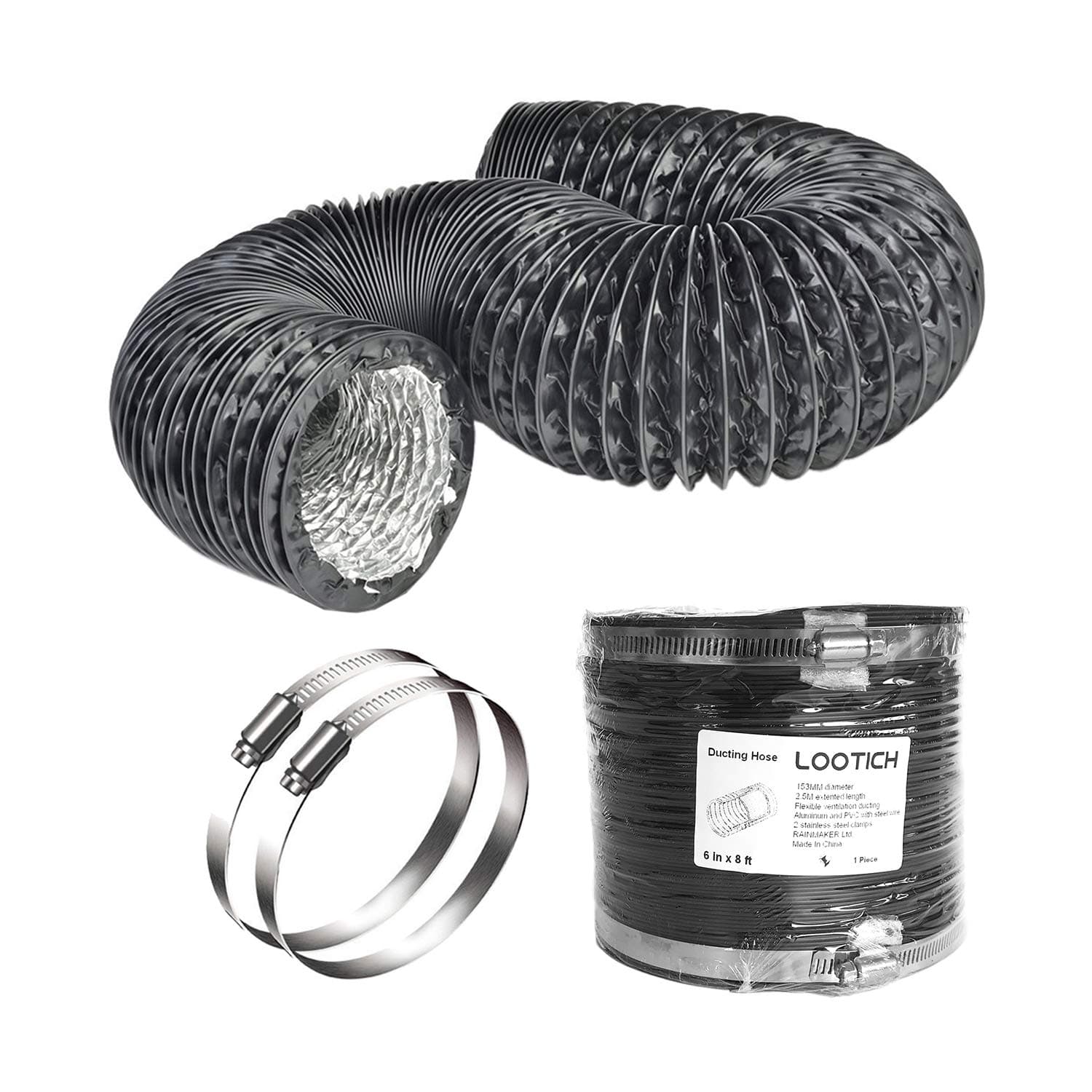 Strong 6" Air Duct 8 FT Long Black PVC Flexible Aluminum Ducting with 2 Stainless Steel Clamps 4 Layer HVAC Ventilation Hose for Grow Tents Dryer Rooms House Vent Register Lines