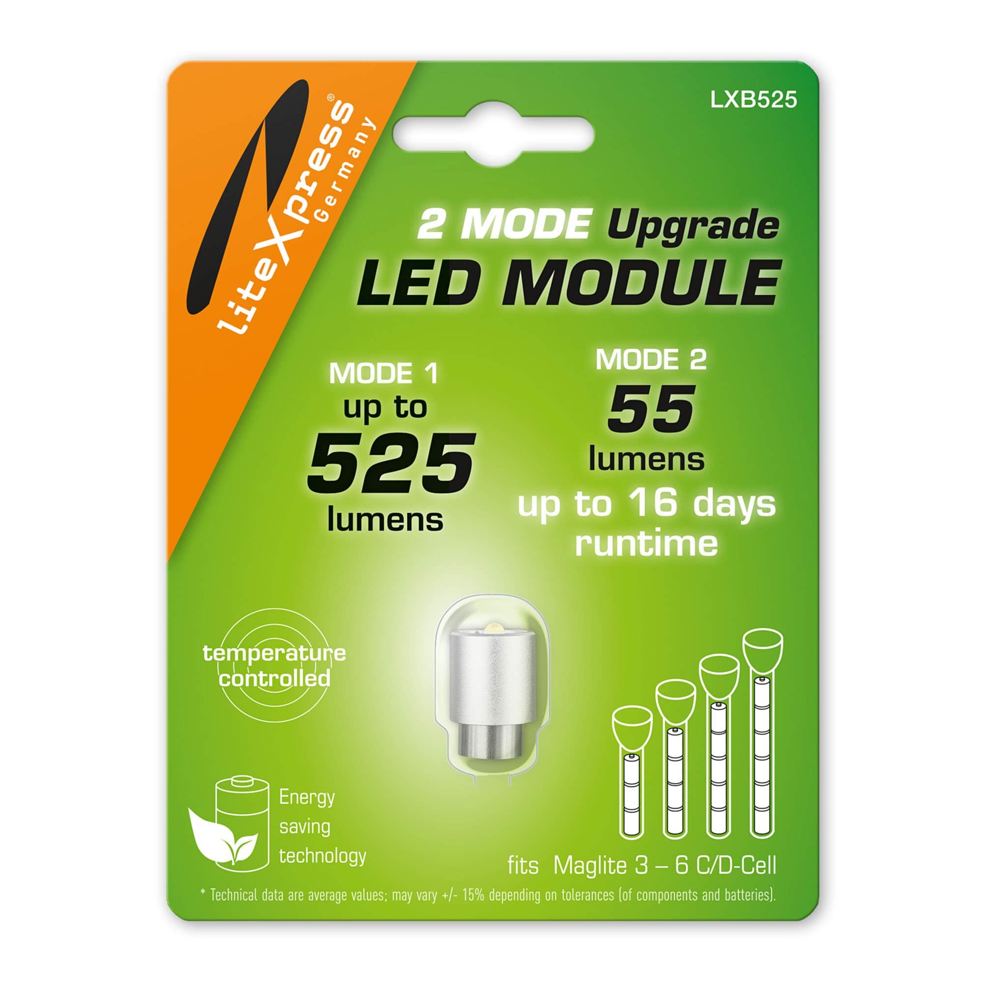 LXB525 2 Mode LED Upgrade Module 525 or 55 Lumen for 3-6 C/D Cell Maglite Torches