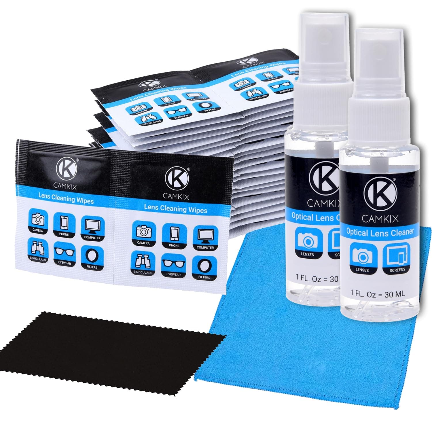 CAMKIX Lens and Screen Cleaning Kit - 2 Spray Bottles, 2 Microfiber Cloths (Size L + S), 50 Individually Wrapped Wet Tissues - for Eyeglasses, Sunglasses, Camera Lenses, Phone/Tablet Screens, etc.