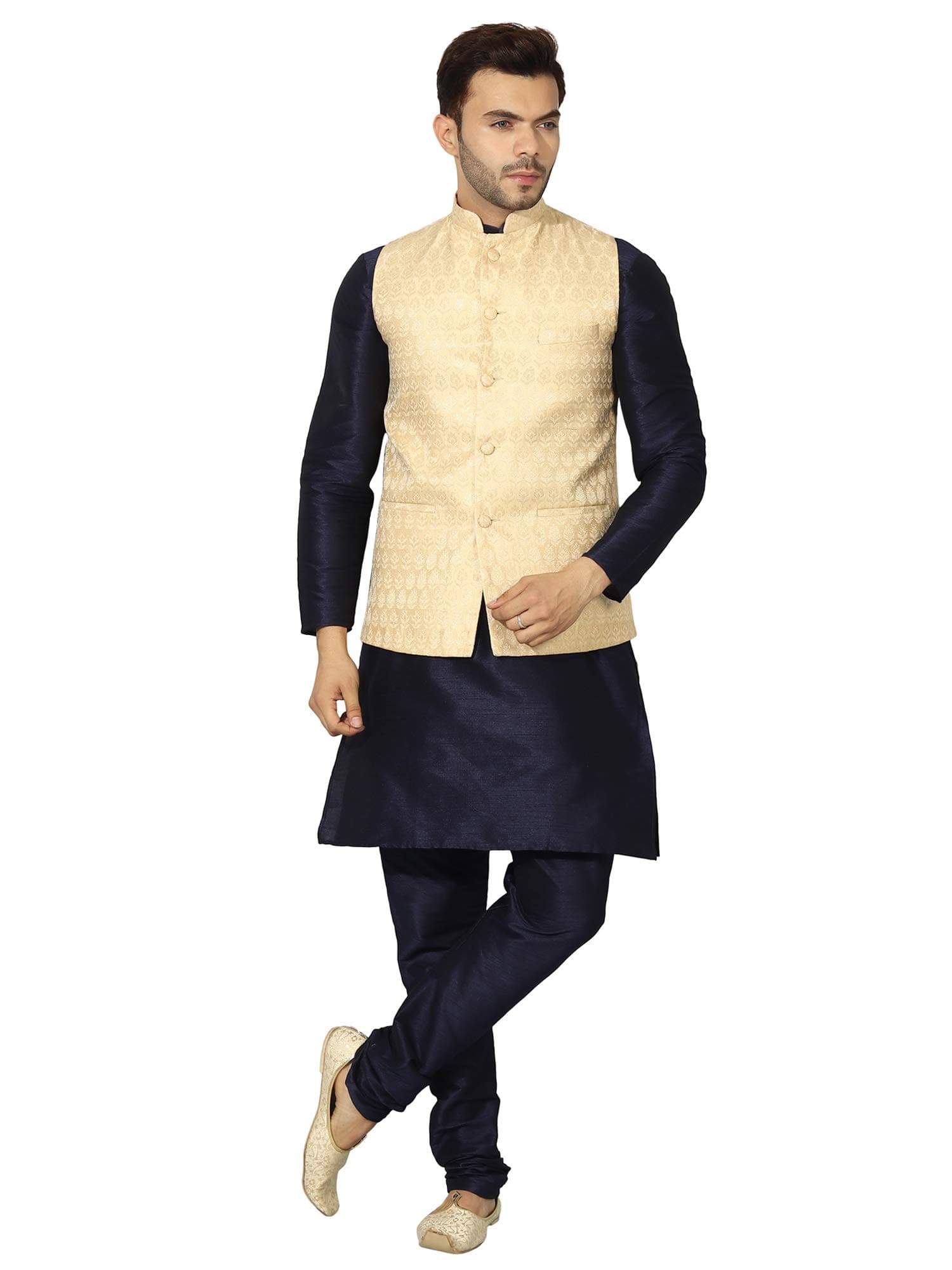 Uri and MacKenzie Men's Silk Blend Regular Kurta Churidar Pyjama with Bundi Nehru Jacket/Waistcoat