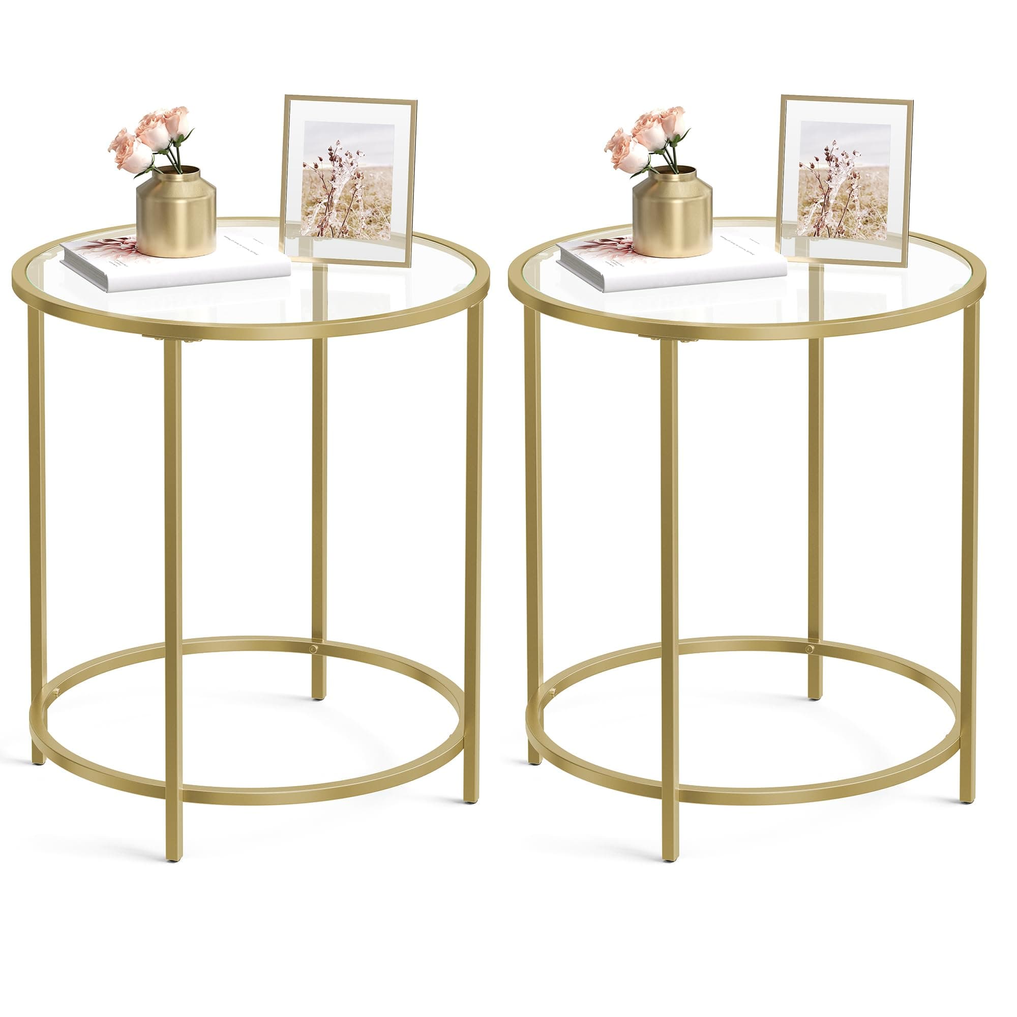 Round Side Tables, Set of 2, Glass End Tables with Metal Frame, Gold Coffee Tables with Modern Style, for Living Room, Balcony, Bedroom, Gold Color