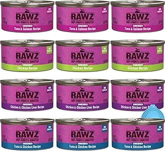Rawz Natural Premium Canned Cat Wet Food Shredded -12 Pack Cans Variety Bundle Pack -4 Flavors - (Tuna & Salmon, Chicken & Liver, Tuna & Chicken, Chicken) with Hotspot Pets Food Bowl - (3oz Cans)