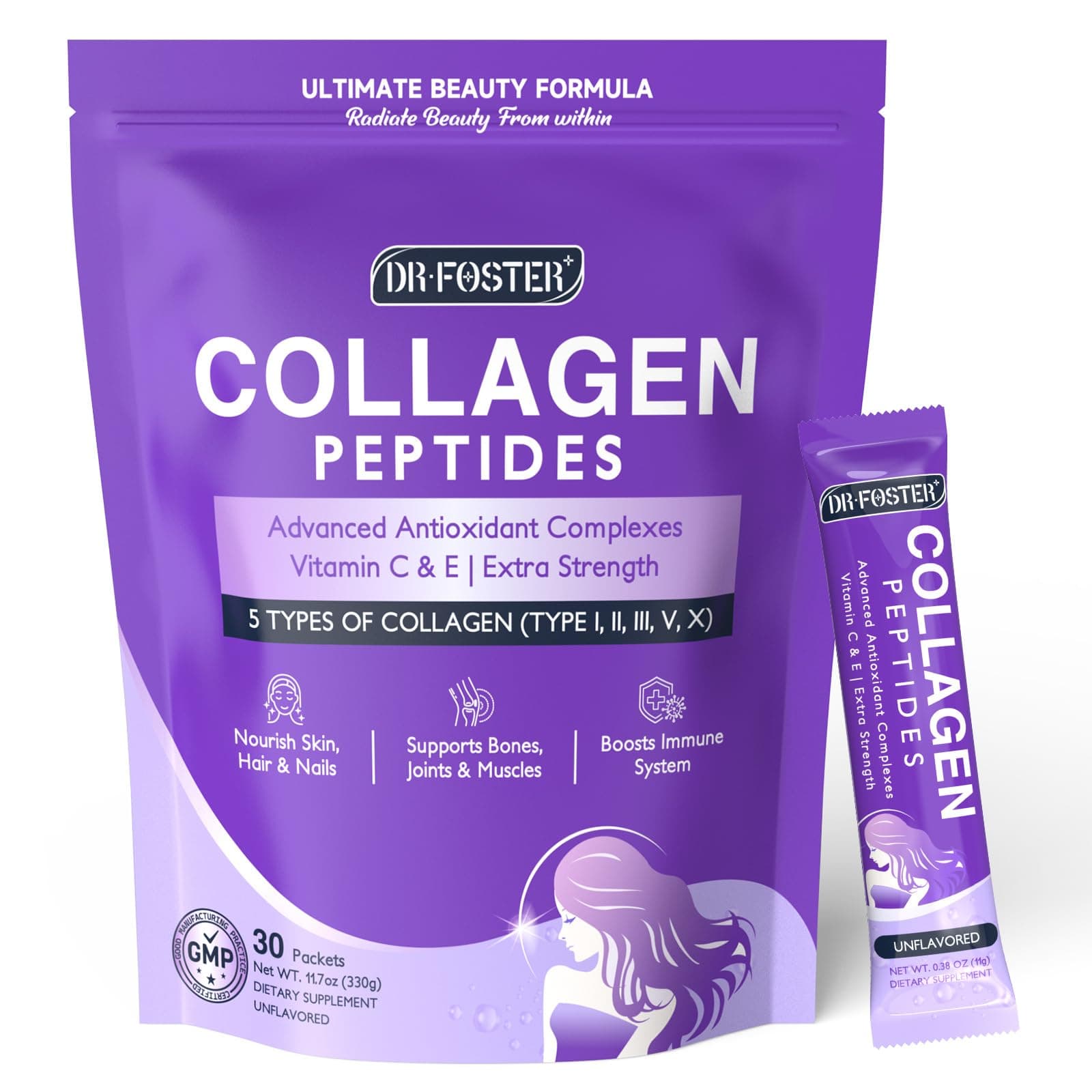 DRFOSTER Collagen-Peptides-Powder-Packets - Multi Type I II III V X Collagen for Women with Antioxidant Blend + Vitamin C & E for Skin, Hair, Nail & Joint, Non-GMO, 30 Stick Packs
