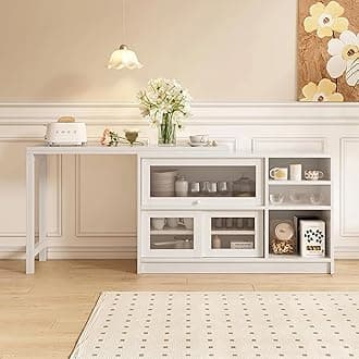 - 47" Large Buffet Sideboard Cabinet Extendable Wood Kitchen Storage Cabinet with 3 Doors, Foldable Dining Table with Extension Leaves, White (White)