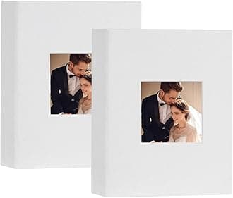 Mini Photo Album 4x6 50 Pockets 2 Pack, Linen Cover with Front Window Album Each Holds 52 Vertical Photos for Family Wedding Baby Children (White)