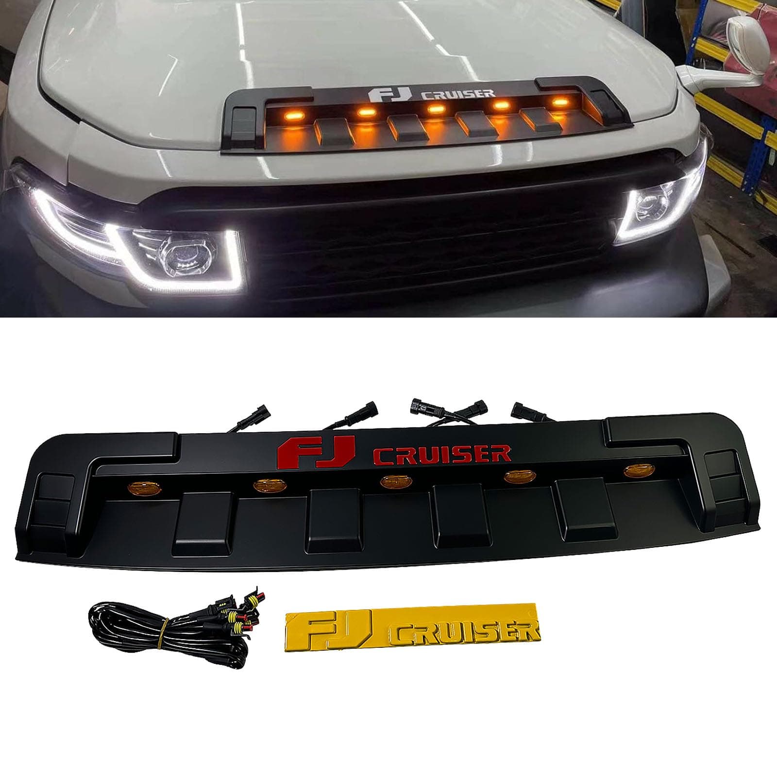 Front Engine Hood Air Intake Grille Cover w/Lamp Compatible with 2007-2014 Toyota FJ Cruiser 4.0L