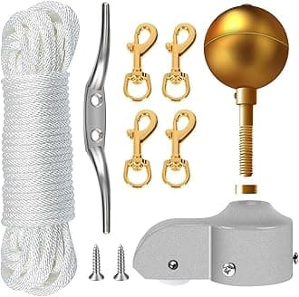 NQ Flagpole Hardware Repair Parts Kit,50 Feet Halyard Rope+3" Gold Ball+6" Zinc Alloy Cleat + 4 Metal Swivel Snap Clips + Aluminum Alloy Flagpole Truck with Nylon Pulley for 1.6"-2" Flag Poles