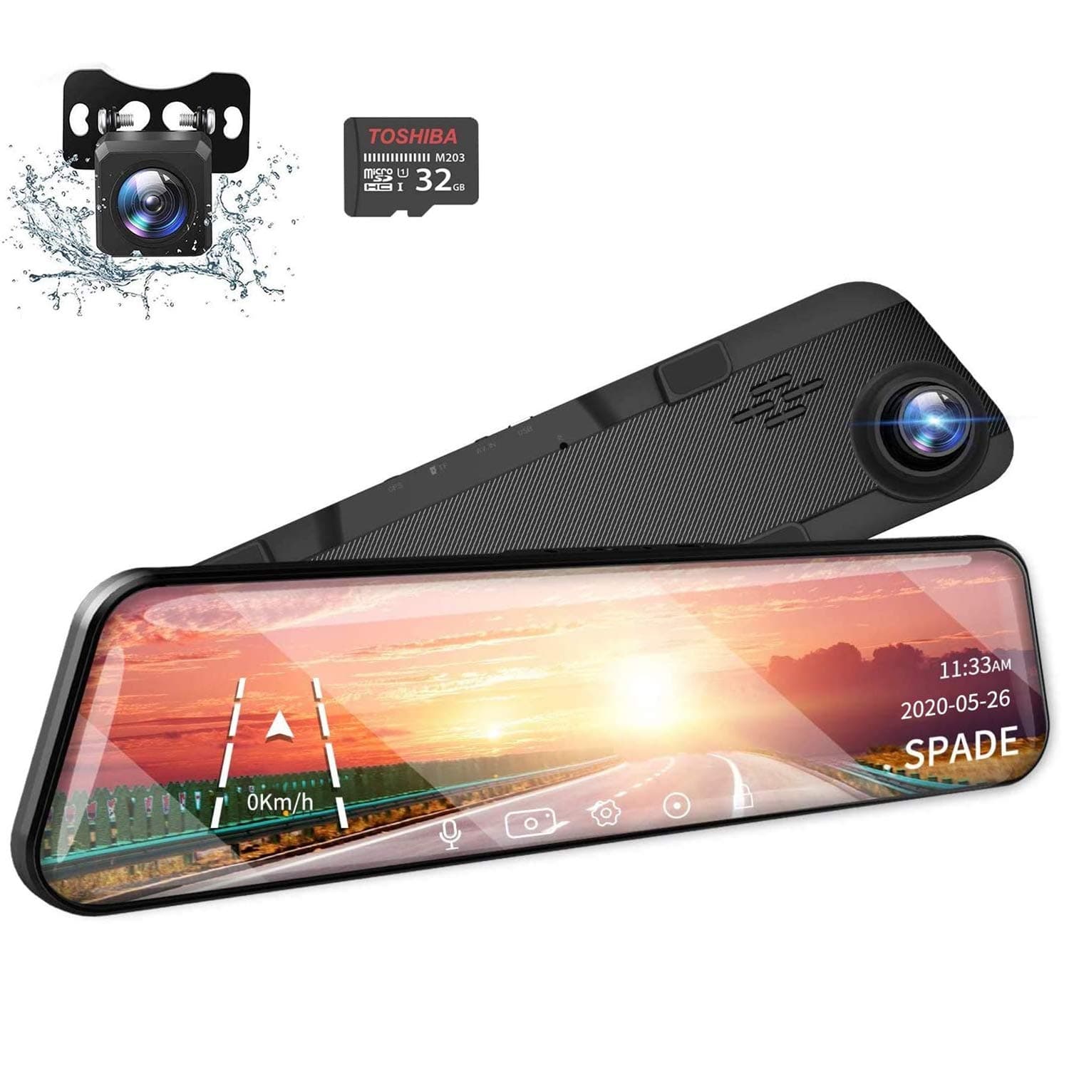 SPADE 12" Mirror Dash Cam 2560P Backup Camera with GPS Touch Screen Front and Rear View Dual Lens Full HD WDR Night Vision, G-Sensor (Free 32GB SD Card) for Cars/Trucks