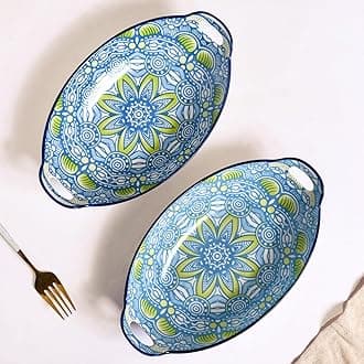 - Nestasia Set of 2 Blue and Green Mandala Art Ceramic Long Dish with Handles for Serving Snacks, Appetizers, Salads, and Noodles | Microwave Safe, Dishwasher Safe (10.8 Inch)