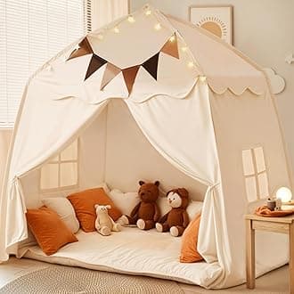 little dove Extra Large Kids Play Tent with Flags & Star Lights, Portable & Foldable Teepee, Bed Tent Bed Canopy for Boys & Girls, Indoor Outdoor Tent Playhouse, Kids Birthday Gift, 59x39x59 in, Cream