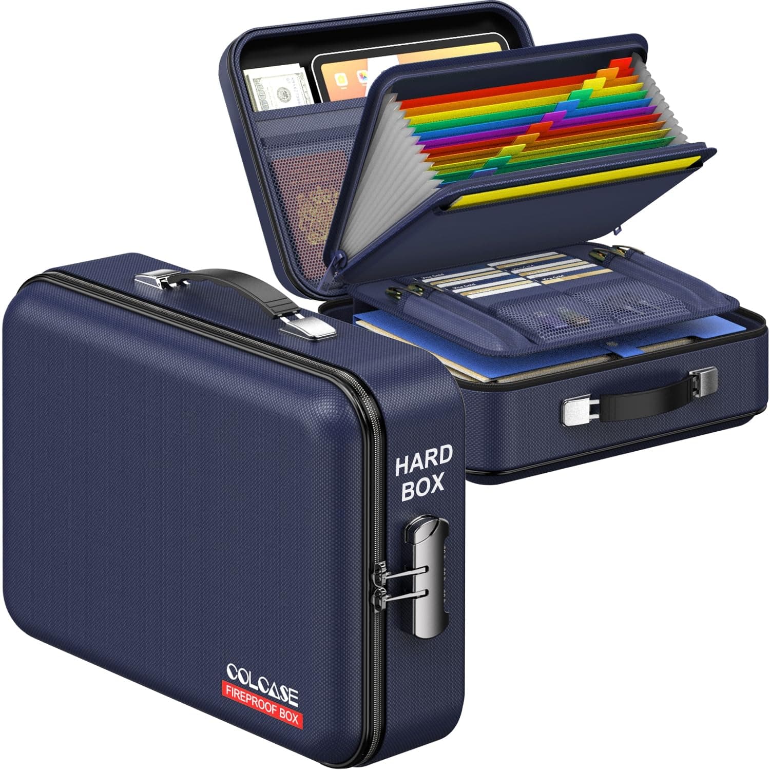 COLCASE Fireproof File Box, Hard Case Fireproof Box with Lock Hard-Shell Design Fireproof Water Resistant Safe Box Document Organizer for Important Documents Certificates Laptop Passports Blue