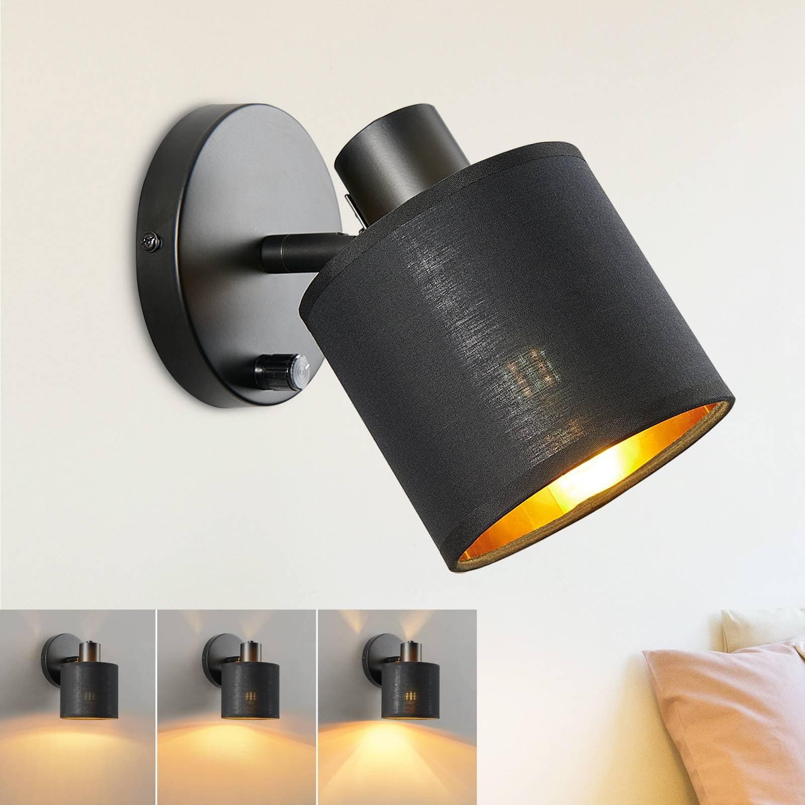 Lightess Wall Lamp Black-Gold Wall Lights Fabric Face Spotlight E27 Socket 40W Max Adjustable Downlight Swivelling Wall Lights for Kitchen Bedroom Living Room Indoor (No Bulb)