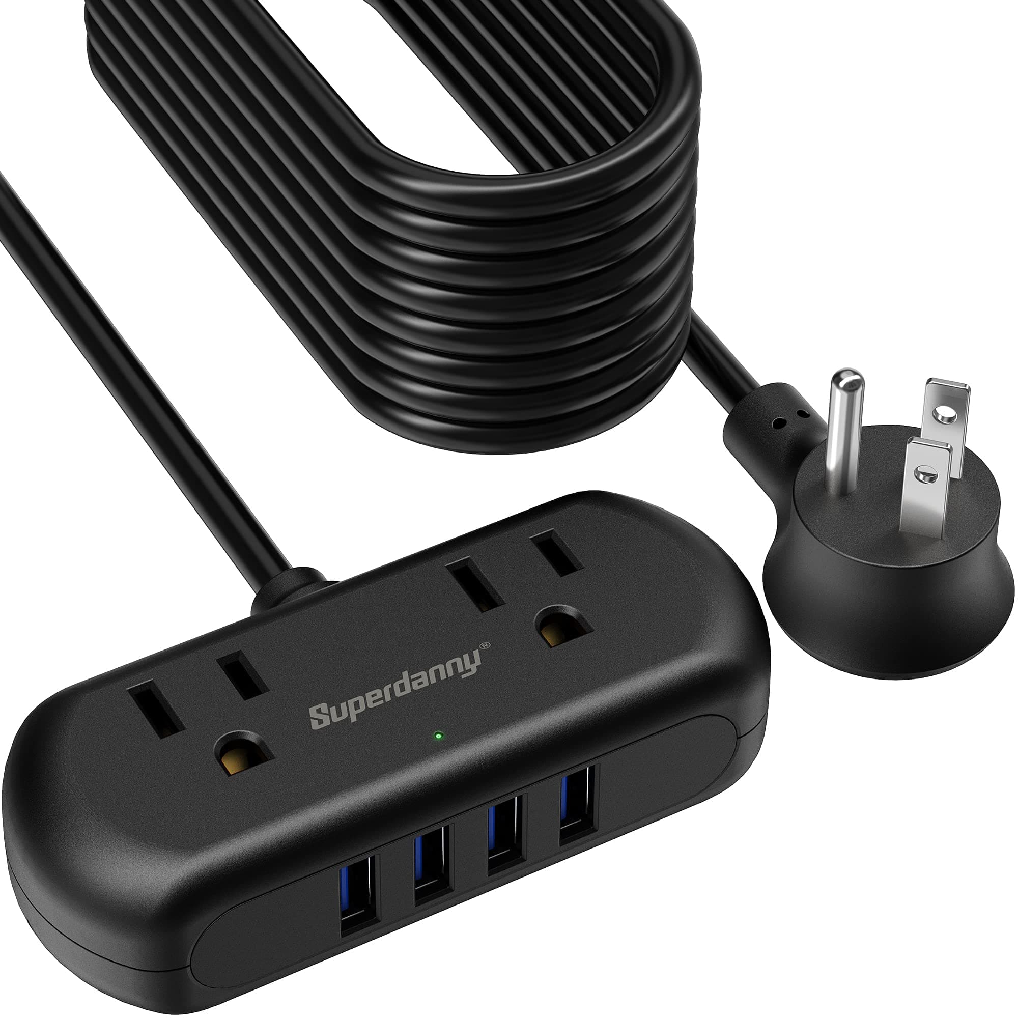 9.8Ft Extension Cord, SUPERDANNY Mini Surge Protector with 2 Wide-Spaced Outlets, USB Power Strip, 3 USB-A 1 USB-C, Flat Plug, Compact Size Desktop Charging Station Travel, Home, Office, Black