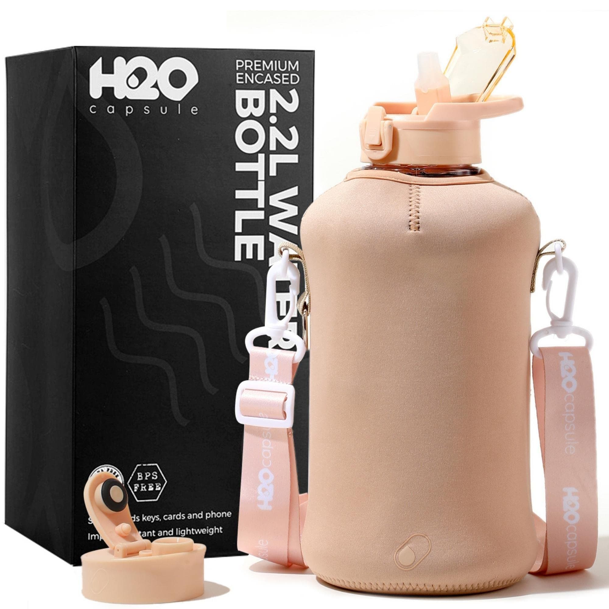 H2O Capsule 2.2L Half Gallon Water Bottle with Storage Sleeve and Covered Straw Lid – BPA Free Large Reusable Drink Container with Handle - Big Sports Jug, 2.2 Liter (74 Ounce), Sandy Beige