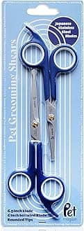 Pet Magasin Japanese Stainless Steel Grooming Scissors (2) for Facial Hair and Larger for Body Trimming with Round Tip (Blue)