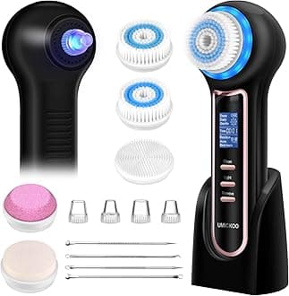 Face Scrubber Exfoliator,Facial Cleansing Brush Waterproof with LCD Screen,Blackhead Remover Vacuum with 5 Brush Heads,Face Spin Brush for Exfoliating, Massaging and Deep Pore Cleansing