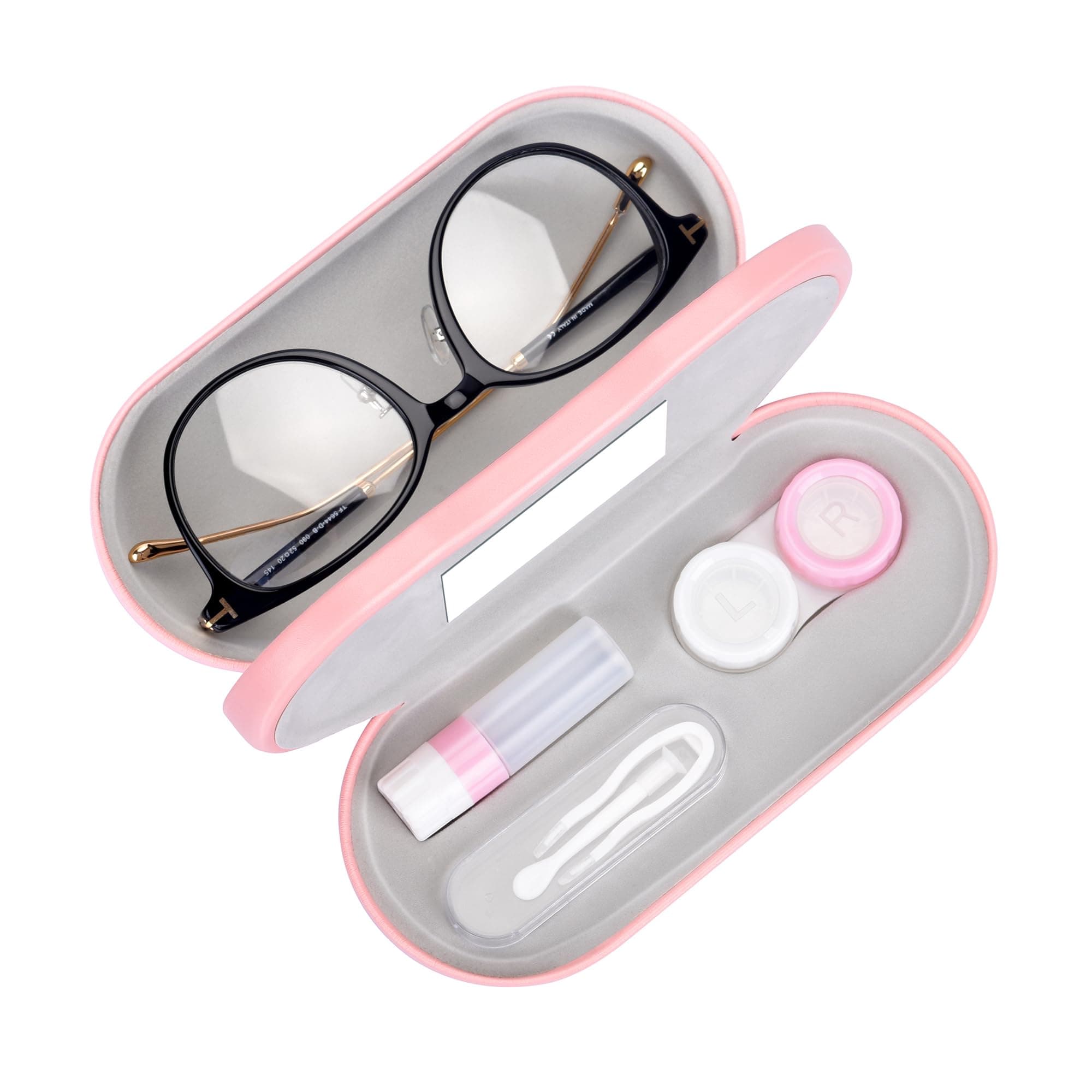2 in 1 Double Sided Portable Contact Lens Case and Glasses Case,Dual Use Design with Built-in Mirror, Tweezer and Contact Lens Solution Bottle Included for Travel Kit