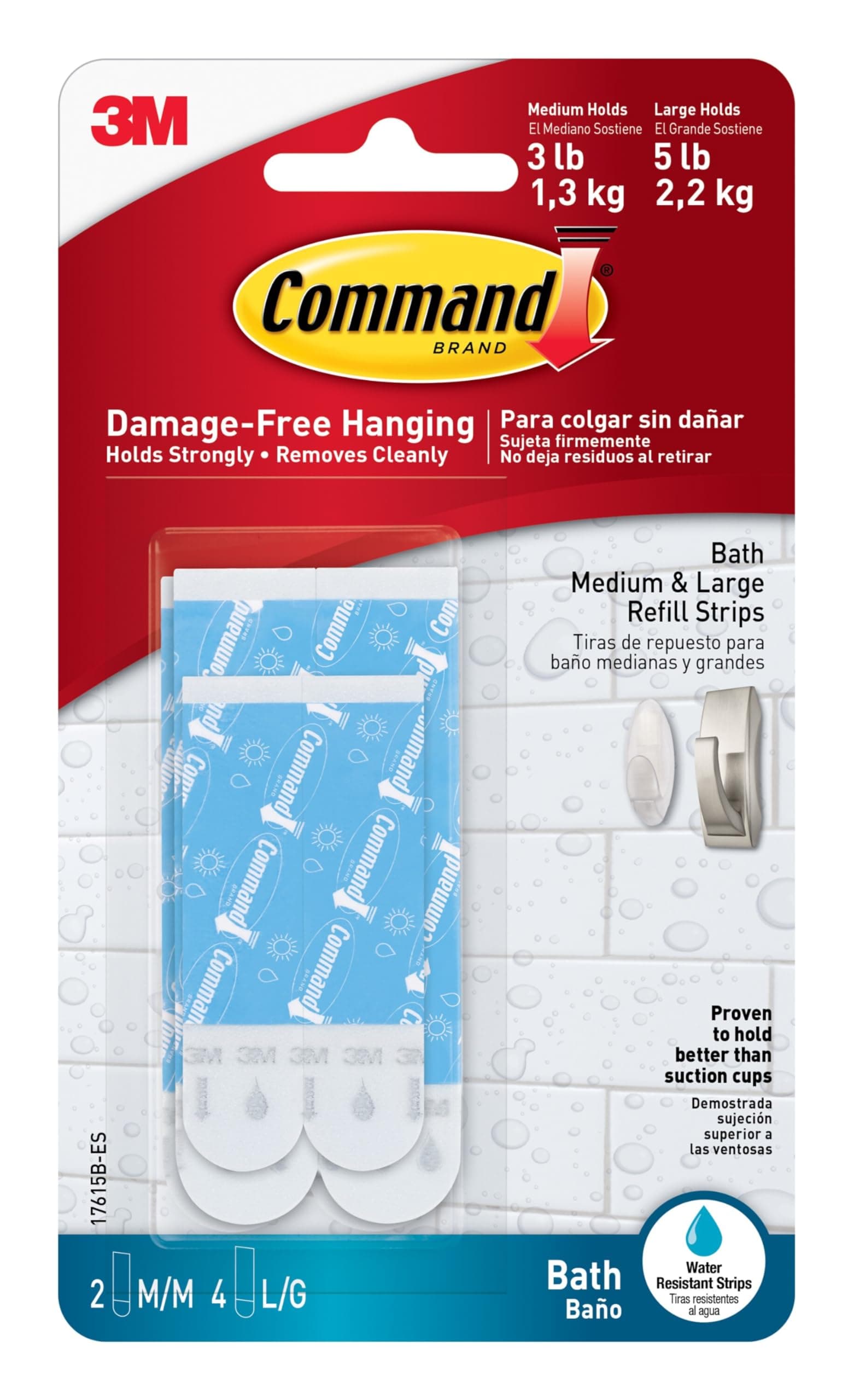 Command Bath Water-Resistant Adhesive Refill Strips, Re-Hang Medium and Large Bath Hooks or Caddies, 2 Medium Strips, 4 Large Strips