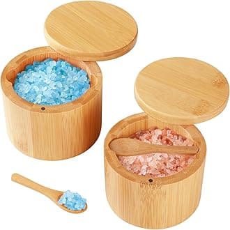 Bamboo Salt Cellar, 2 Pcs Container With Built-In Spoon, Box Bowl Magnetic Swivel Lid, Elegant Kitchen Holder Saver Jar To Storage Pepper Spice Sea For Countertop