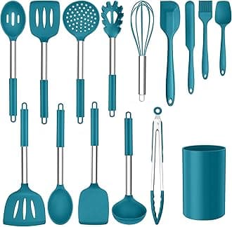 15pcs Kitchen Cooking Utensils Set with Holder, Onader Heat Resistant Silicone Kitchen Utensils Spatula Set with Stainless Steel Handle - Blue