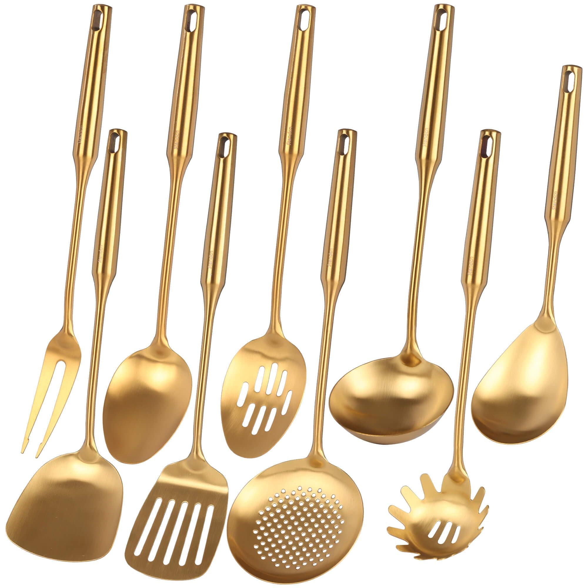 Gold Kitchen Utensils Set - 18/10 Stainless Steel Cooking Tools, 15" All Metal Serving Utensils with Fork, Solid/Slotted Spoon, Spatula, Ladle, Skimmer, Tunner, Pasta Spoon, Large Spoon, Set of 9
