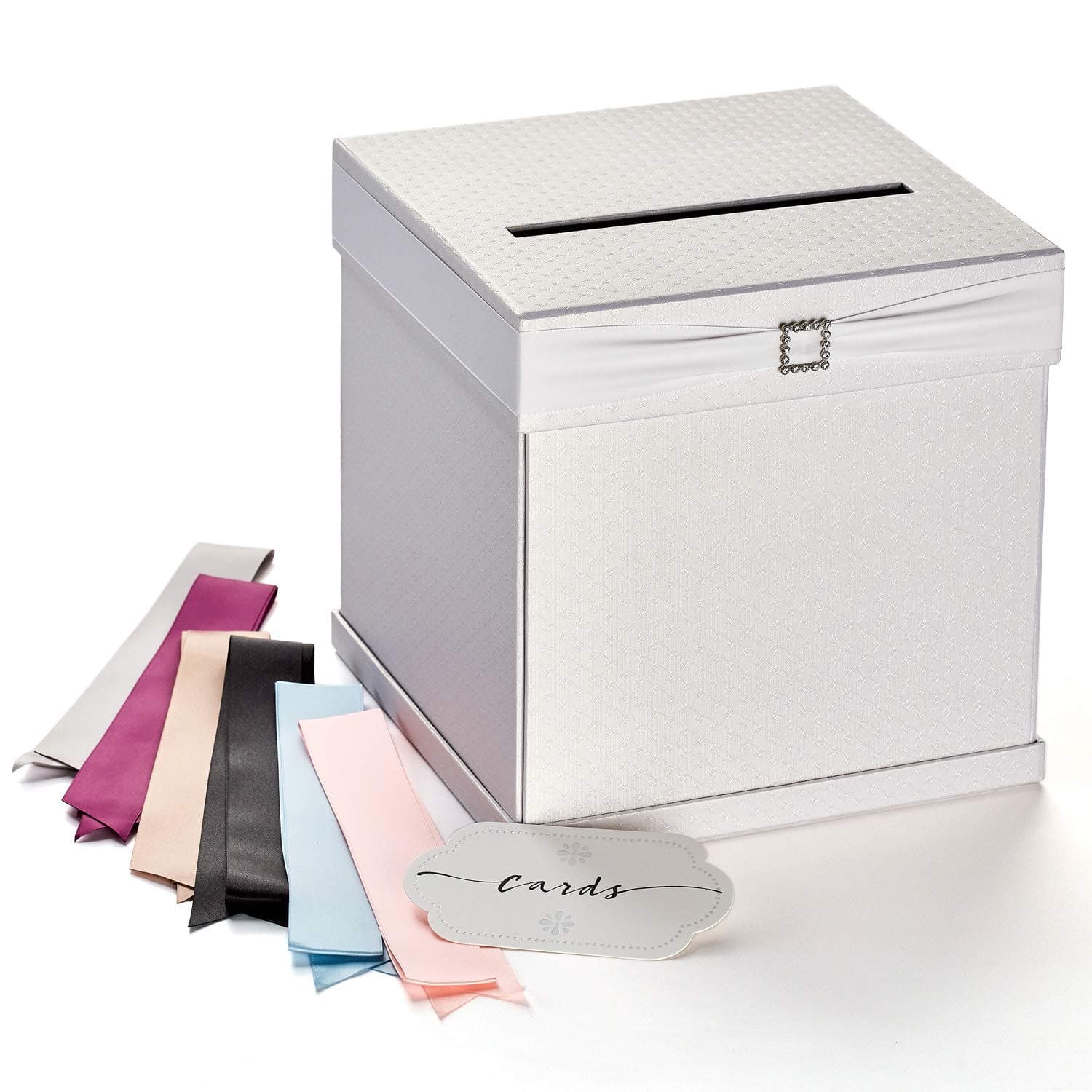 White Gift Card Box with Rhinestone Slider, Cards Label & 7 Ribbon Colors - Large Size 10" x 10" - for Weddings, Baby Showers, Birthdays