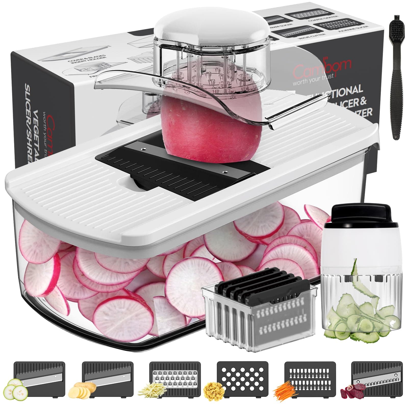 Cambom Mandoline Slicer Vegetable Slicer Spiralizer With 2 L Container for Potatoes, Tomatoes, Cucumbers, Carrots With 6 Blades White